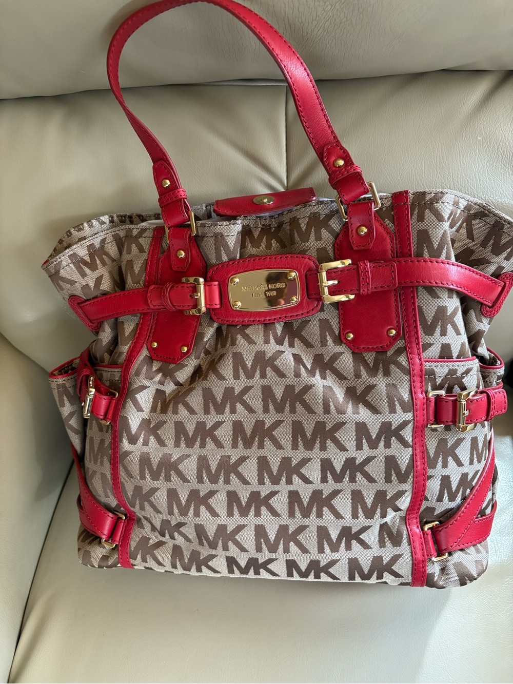 Michael Kors Beige MK Logo Tote with Red Trim and Gold Hardware NWOT